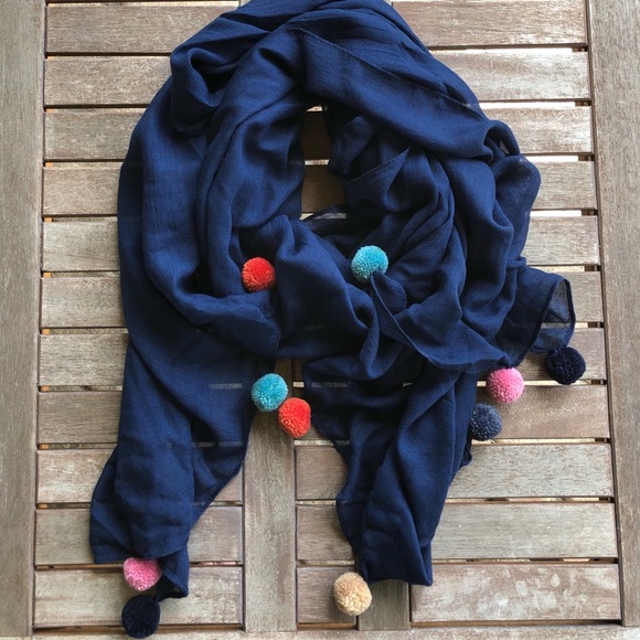 Accessories - Women’s Lightweight Navy Scarf With Pom Pom Trim.